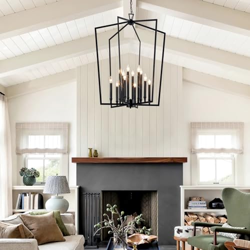 Modern Large Black Lantern Foyer Entryway Chandelier