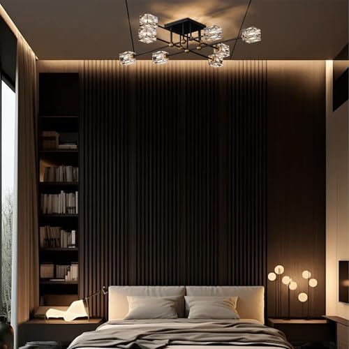 8 Light Crystal Ceiling Light Fixture Black and Gold Semi Flush Mount Ceiling Light Modern Chandeliers for Dining Room Kitchen Island Living Room Bedroom