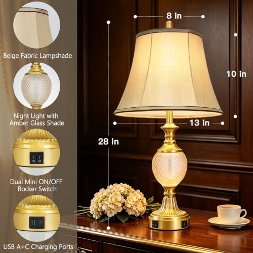 28'' Tall Gold Bedside Table Lamps with USB Charging Ports (2 Count)
