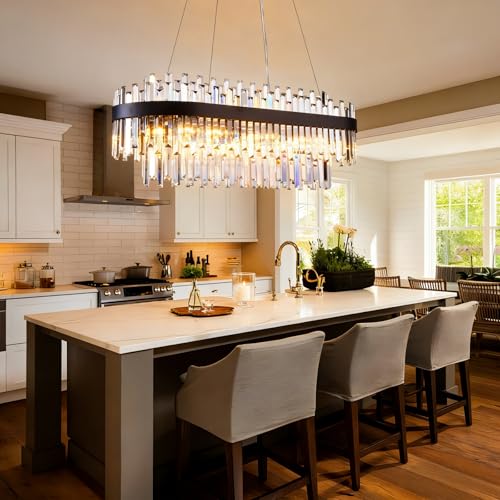 35.4" Black Rectangular Crystal Chandelier Dining Room Kitchen