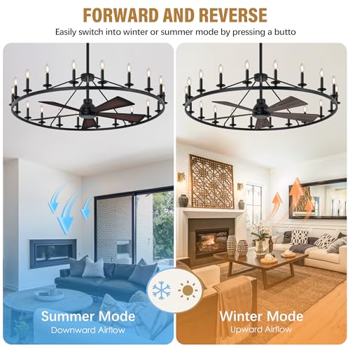 50" Black Wagon Wheel Chandelier with Fans