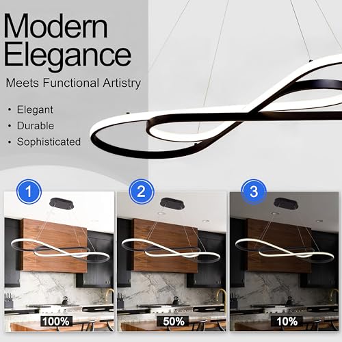 Black Modern Chandelier for Dining Room L39.4inch Dimmable Led Pendant Light for Kitchen Island Height Adjustable with Remote