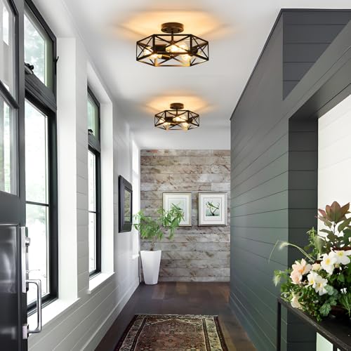 Black Modern Farmhouse Metal Semi Flush Mount Ceiling Light Fixture 14.6 in
