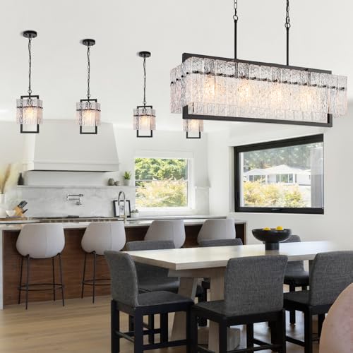4 Lights Black Large Rectangle Chandeliers for Dining Room