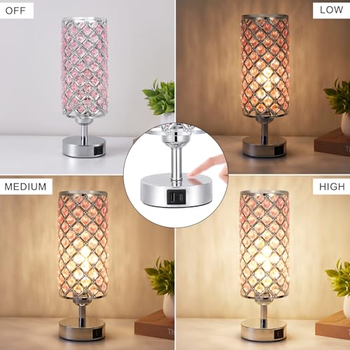 Pink Crystal Touch Lamp with USB C+A