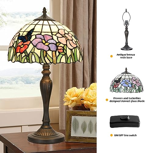 TL0001 Tiffany Table Lamp Handmade Stained Glass Flowers Butterfly Design Lampshade Reading Desk Light 12X21.5 Inches for Bedroom Living Room Home Office