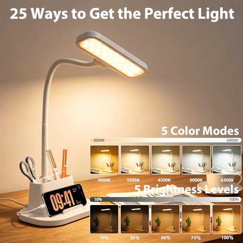 LED Desk Lamp for Dorm Small Desk Lamp with Pen Holder 5 Color Modes White (White)