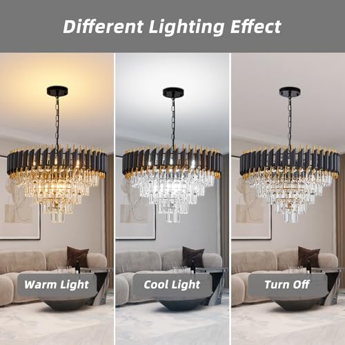 10 Light Large Crystal Chandelier 24" Dining Room Light Fixtures 5 Tiers Flush Mount Black and Gold Chandelier Round Large Chandeliers for Dining Room Living Room Kitchen Entryway Foyer