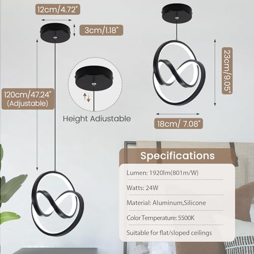 Modern LED Pendant Light Fixtures 5500K Pendant Lights Kitchen Island Lighting Adjustable Height Black Hanging Lamp for Dining Room Bedroom Living Room