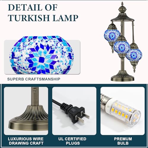 23" Turkish Mosaic Lamp Handmade 3 Globes Moroccan Table Lamp