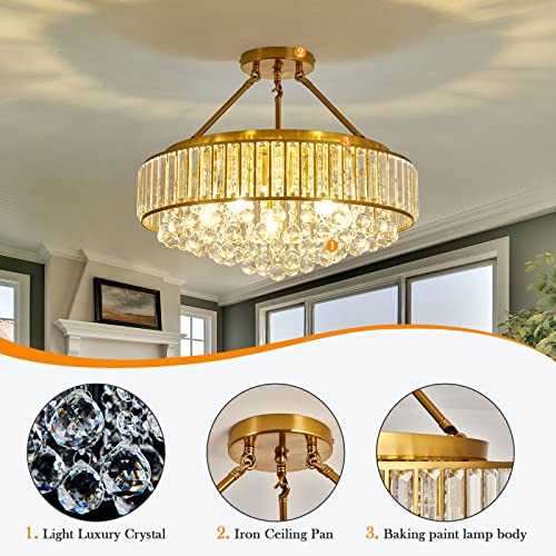 6 Light Modern Large Crystal Chandelier Gold Metal E26 Semi Flush Mount Round Ceiling Light Fixture Ceiling Lamp Farmhouse for Dining Room Living Room Laundry Room Foyer Kitchen Bedroom