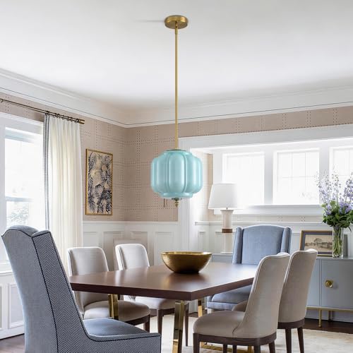 Vintage Blue Glass Pendant Lights 9.8 Inch Mid Century Modern Hanging Ceiling Light