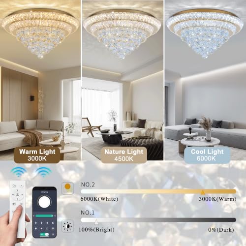 24" Gold Crystal Flush Mount Chandelier Modern LED Ceiling Light Fixture