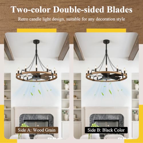 Oak Wooden Wagon Wheel Chandelier Fans 12