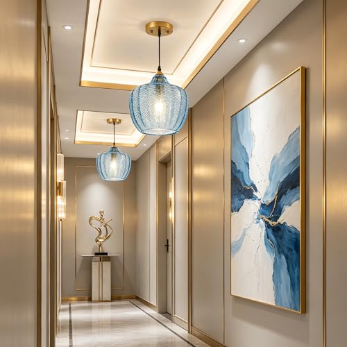 Blue Glass Pendant Lights Kitchen Island Gold Hanging Ceiling Light 9.45"