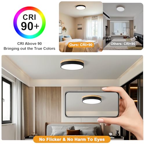 Dimmable LED Wood Black Round Flush Mount Ceiling Light 11.81 Inch