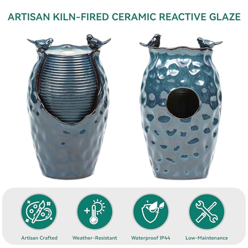 Autodaya 25" H Jar Ceramic Outdoor Water Fountain with LED Lights and Birds