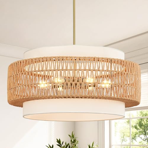 6 Light Rattan Chandelier for Dining Room