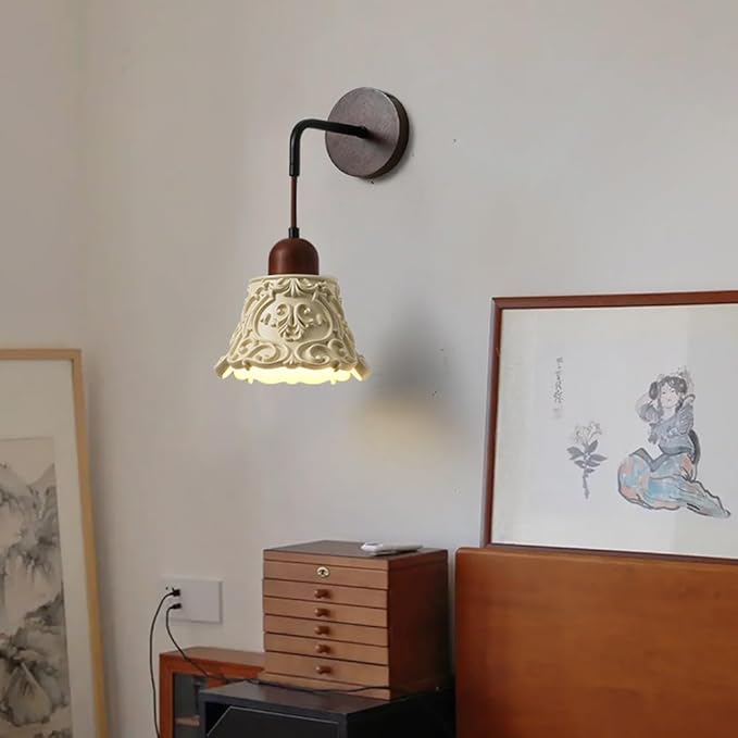 Modern Resin Wall Sconce Lighting Nordic Solid Wood Wall Lamp Wabi Sabi Cream Yellow Home Decor Lighting Fixture Cream Yellow Floral Finish, Japanese Style Walnut Wood Art Wall Sconces