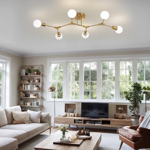Modern Mid Century Gold Sputnik Semi Flush Mount Ceiling Light Fixture