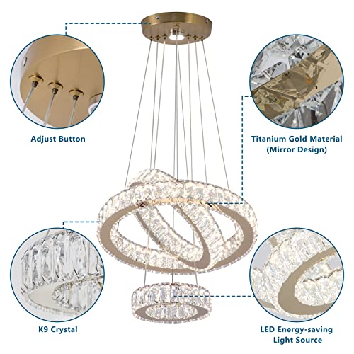 Dimmable Modern LED Chandelier 3 Ring Pendant Light Crystal Chandelier for Dining Room Living Room Bedroom