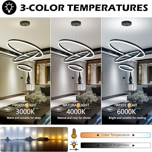31.5" Black Modern Led Chandelier 3 Ring Modern Led Pendant Light Contemporary Ring Chandeliers Dimmable Chandeliers Color Temperature Adjustable Height Hanging Chandelier for Living Room