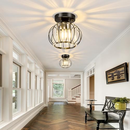 Indoor Motion Sensor Ceiling Light Fixture Modern Cryatal Semi Flush Mount Ceiling Light Black Ovrehead Light Fixture for Porch Hallway Front Entryway Kitchen Hall Garage