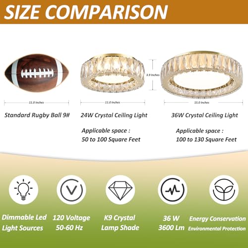 15 Inch Gold Modern Crystal Flush Mount Chandelier