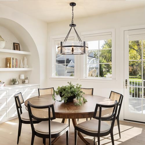 Modern Dining Room Chandelier 21" Black Water Ripple Glass Drum Chandelier