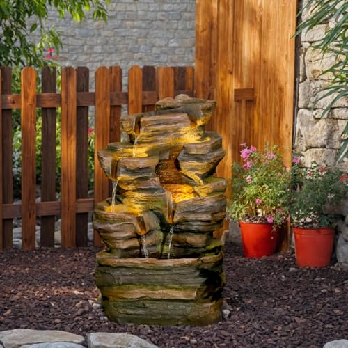 6 Tier Cascading Outdoor Water Fountain 24.2 in Brown Rock