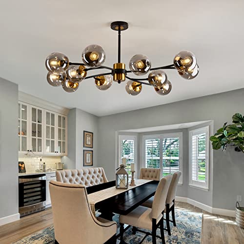 12 Light Large Sputnik Chandelier with Glass Globe Mid Century Modern Matte Black and Gold Ceiling Light Fixture Vintage Pendant Lighting for Dining Room Bedroom Kitchen Living Room Foyer