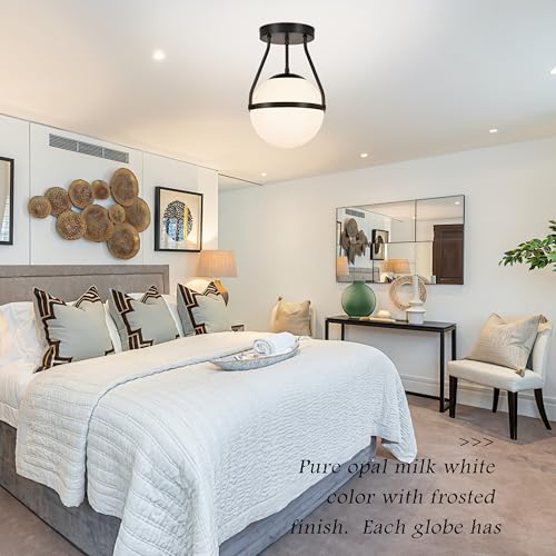 8 Inch Mid Century Ceiling Light Modern Semi Flush Mount Ceiling Light Fixture Globe Ceiling Light Fixture with Milk Glass Shade Matte Black Finish for Kitchen Island Hallway Laundry