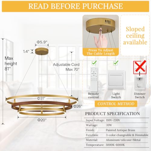 3 Ring LED Chandelier Modern Chandeliers Red Walnut Wood Gold Dimmable 31''