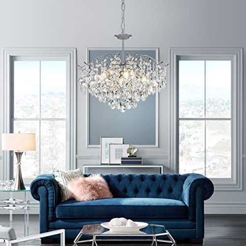 Saint Mossi Modern K9 Crystal Chandeliers, Middle Century Modern Design Chandelier Light Fixture for Dining Room, D20 x H17, Adjustable Chains 59", Chrome Finish Metal Frame