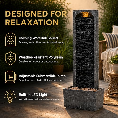 38.5" Faux Slate Contemporary Outdoor LED Waterfall Fountain with Pebble Base