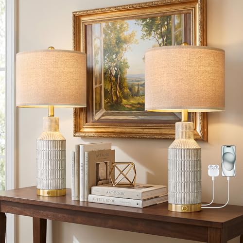 25" Modern 3 Way Dimmable Touch Control with USB A+C Ceramic Lamps Set of 2 Table Lamp for Living Room Bedroom Farmhouse Nightstand Bedside Lamps (2 Count)