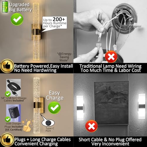 Cordless Gold Crystal Wall Sconces Battery Operated Set of 2 with Remote