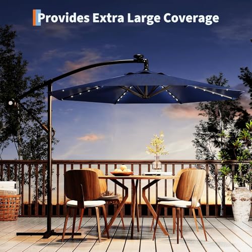 10FT Solar Lights Offset Patio Umbrella with Cross Base