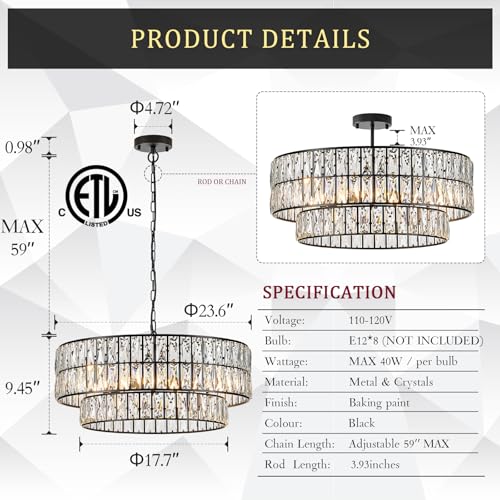 Black Crystal Chandelier 24" 8