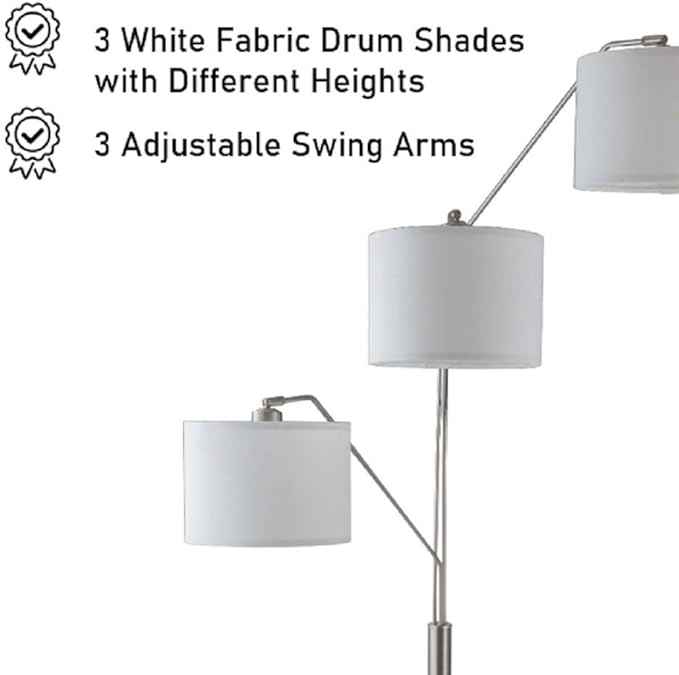 SH Lighting 83.5" Arc Tree Floor Lamp - Featrue 3 Hanging White Drum Fabric Shade with Adjustable Swing Arm and Marable Base - Great for Living Rooms, Bedrooms, or Arching Over Couches - 6949SN