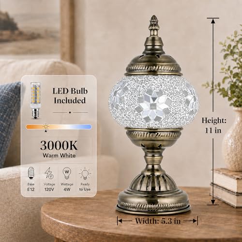 Turkish Moroccan Table Lamp Lantern with Handmade Mosaic Glass Lampshade Tiffany Style Bohemian Stained Glass Decorative Desk Lamps Bedside Night Lights for Bedroom