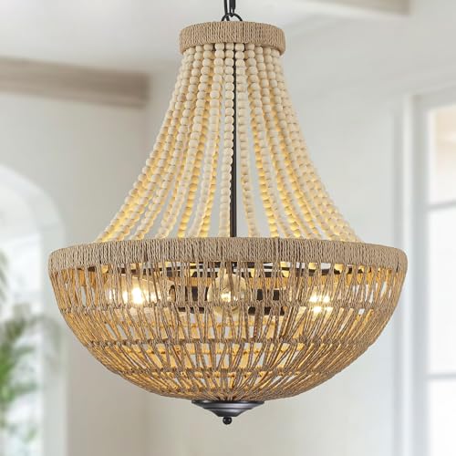 22" Wood Beaded Chandelier Boho Farmhouse Pendant Light for Dining Room