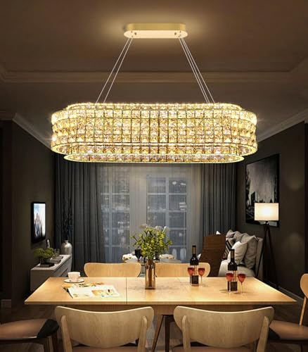 L32 x W12 Modern Chandeliers for Dining Room LED Dimmable Pendant Lighting Ceiling Chandelier Crystal Rectangle Light Fixtures Gold