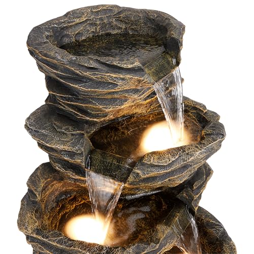 39" Tall Outdoor 5 Tiered Natural Look Rock Water Floor Fountain with Replaceable Lights