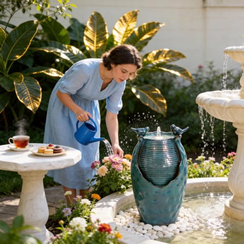 Autodaya 25" H Jar Ceramic Outdoor Water Fountain with LED Lights and Birds