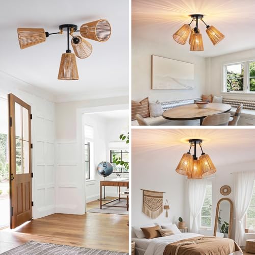 4 Light Rattan Boho Ceiling Light Adjustable Arms Farmhouse Fixture (1 Pack 4-Light)