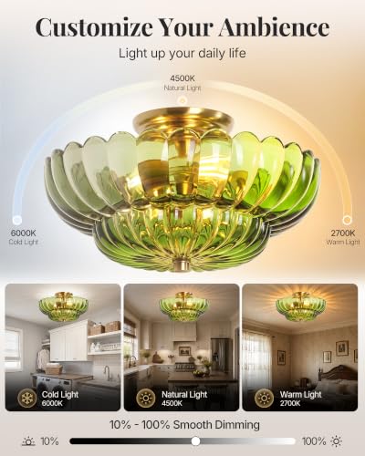 Semi Flush Mount Ceiling Light Fixture 14" Vinatge Gold Ceiling Lights Mid Century Modern Green Glass Close to Ceiling Lighting Fixtures for Bedroom Hallway Kitchen Laundry Room Bathroom