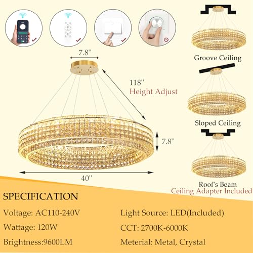 W40 Modern Chandeliers for Living Room LED Dimmable Pendant Lighting High Ceiling Chandelier for Dining Room Foyer Hallway Crystal Rectangle Light Fixtures Gold