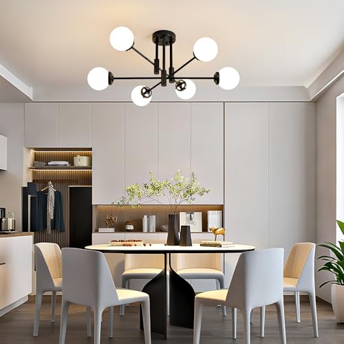 Black Sputnik Ceiling Light Fixture 6 Light with Milk White Glass Shade