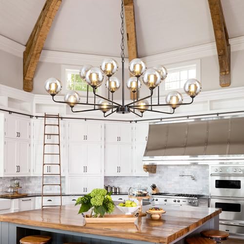 Large Chandeliers for High Ceilings 47.2IN Large Dining Room Chandelier with Smoky Gray Glass Globe Modern Black Chandeliers for Dining Room Large Chandelier Light Fixture for Entryway Living Room